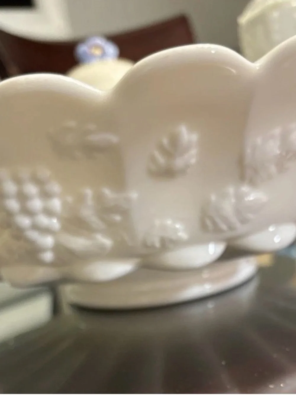 Westmoreland Milk Glass Embossed Grape Pattern With Scalloped Rim VTG 12” Bowl
